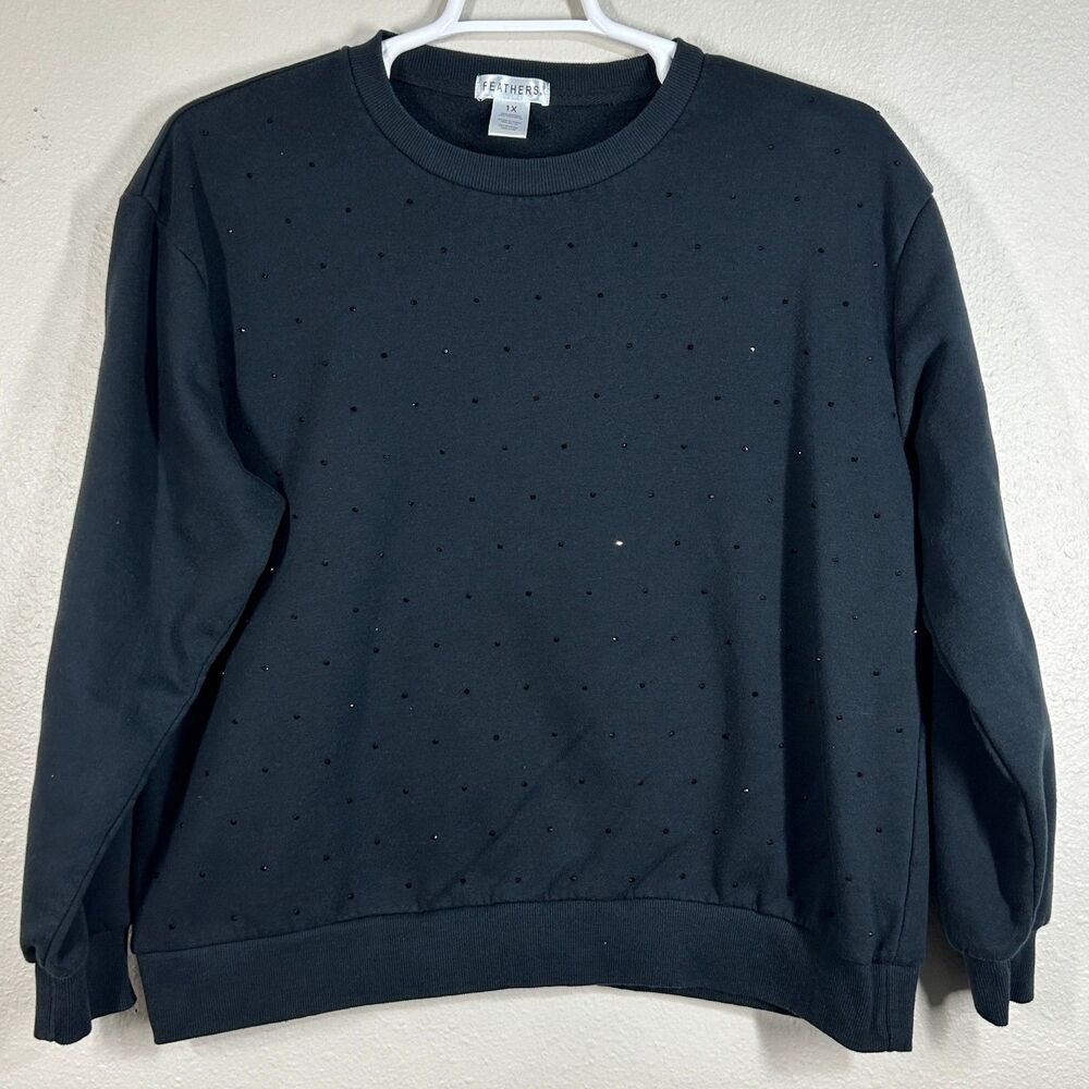 Feathers Sweatshirt Womens 1X Black Embellished Crewneck Long Sleeve Casual Cozy